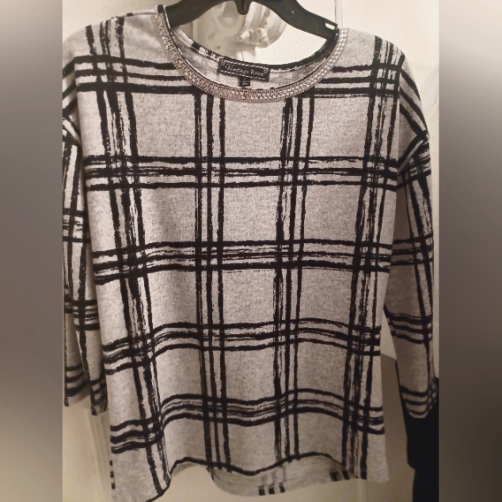Chico's Black and Gray Plaid Top